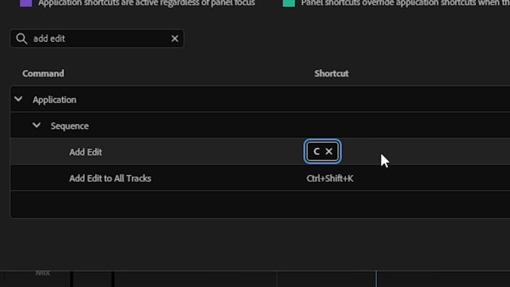 Keyboard shortcut panel showing the new key mapping to trim and cut videos in Premiere Pro - Thiago Alves Videomaker