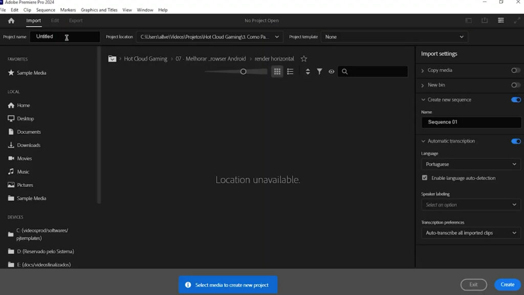 Premiere Pro project creation screen - Thiago Alves Videomaker