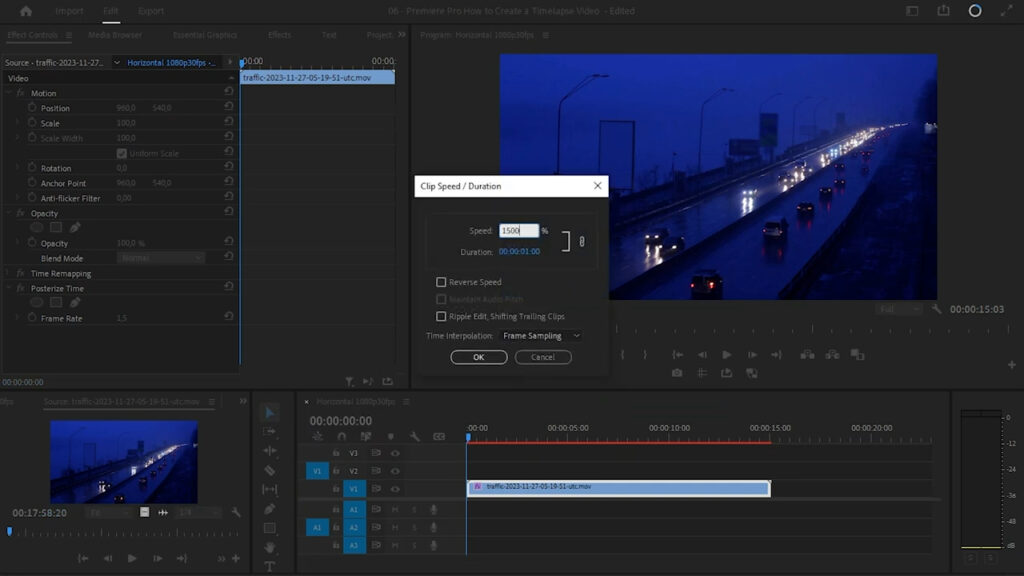 Speed/Duration settings panel in Premiere Pro - Thiago Alves Videomaker