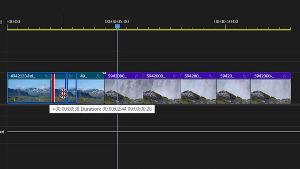 Timeline with an edit point being moved using the Rolling Edit Tool - Thiago Alves Videomaker