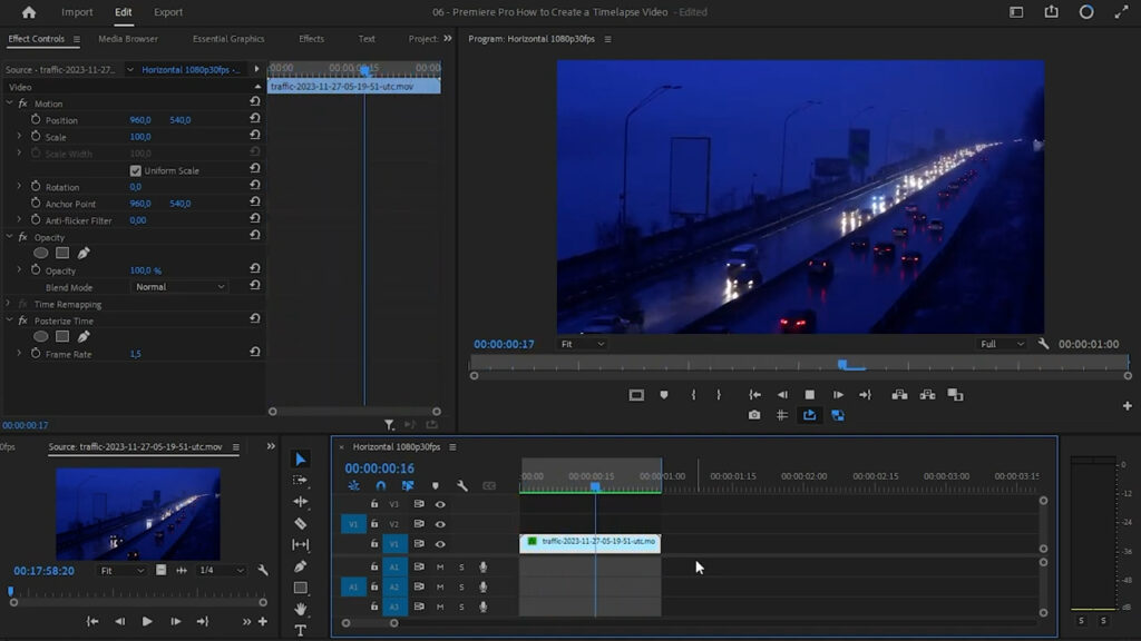 final timelapse effect in the Premiere Pro preview window - thiago alves videomaker