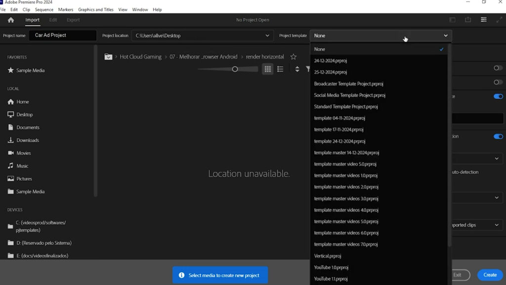 selecting a template in Premiere Pro - thiago alves videomaker