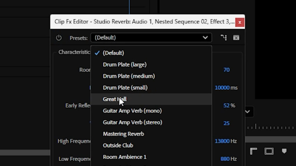 Studio Reverb preset options
