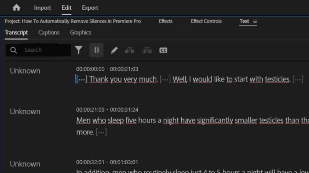 Remove Silences Premiere Pro: Text panel with Transcript tab
