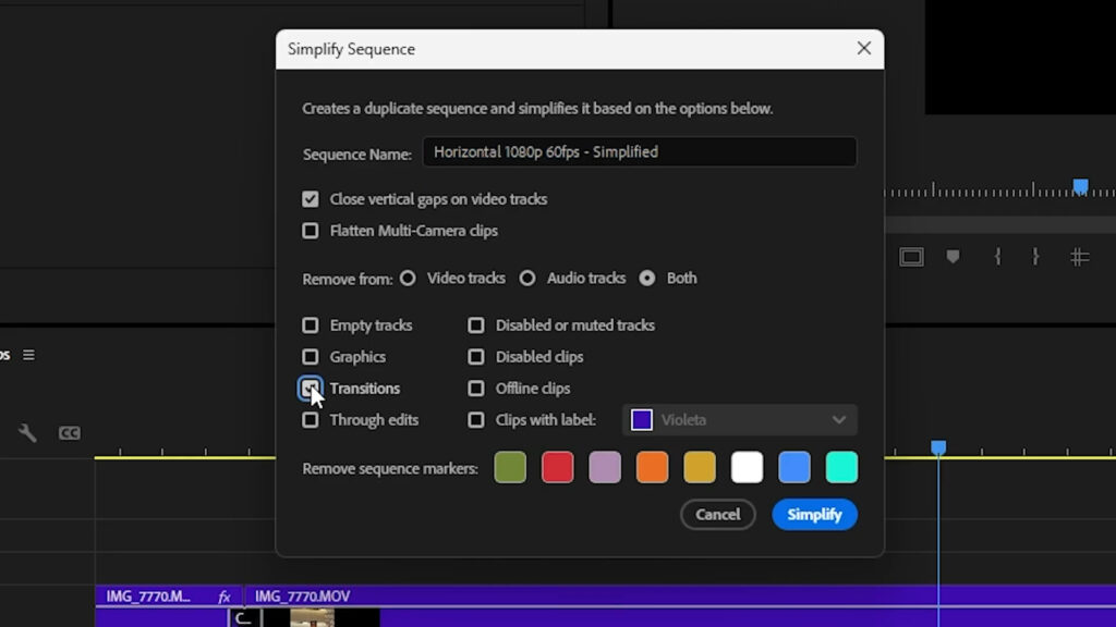 Remove All Transitions using Simplify Sequence dialog - Thiago Alves Videomaker