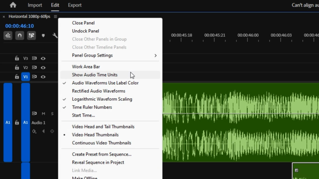 Enable Show Audio Time Units to align audio tracks in Premiere Pro