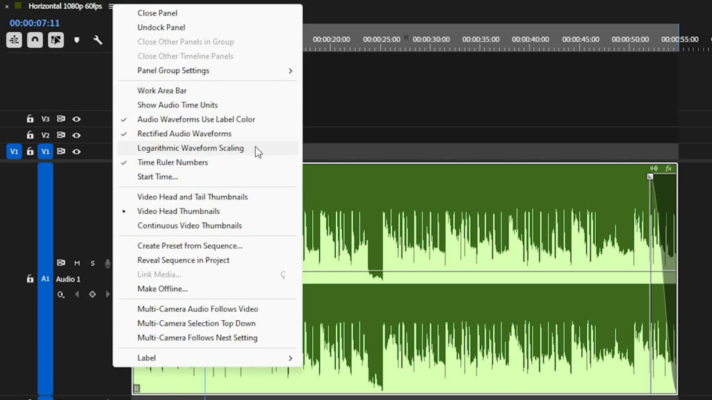 Logarithmic scaling setting for waveform in Premiere Pro